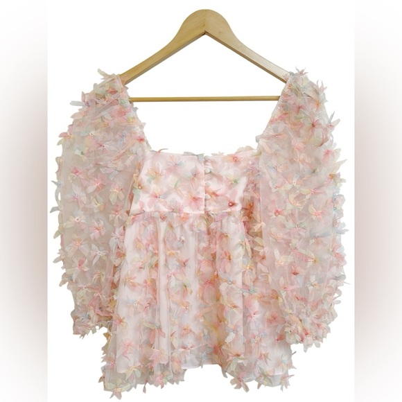 Storia 3D Butterfly Kiss Baby Doll Mesh Sheer Top Pink Rainbow Women's Size M - Picture 7 of 12